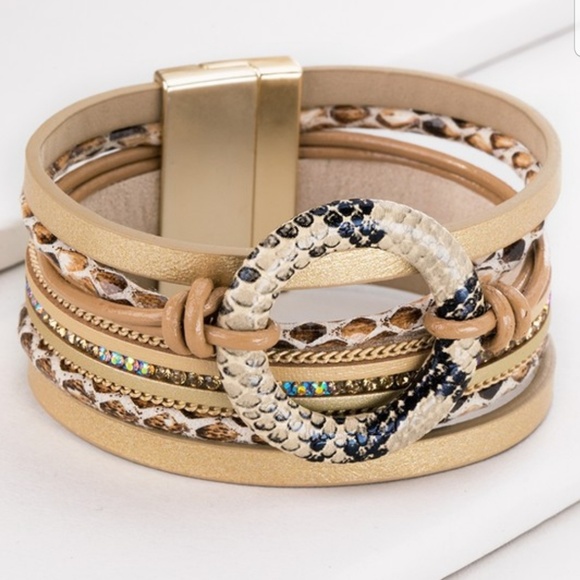 Faux Leather Multi Media Magnetic Cuff Bracelet - Picture 2 of 4